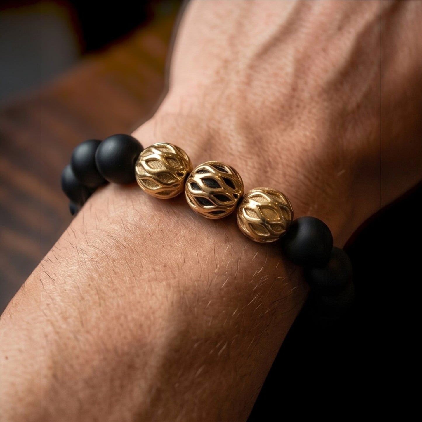 Zeno Men’s Gold Plated Bracelet, 10mm Round Lapis Lazuli Gemstones with Lobster Clasp
