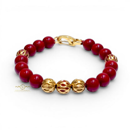 Zeno Men’s Gold Plated Bracelet, 10mm Round Red Chalcedony Gemstones with Lobster Clasp