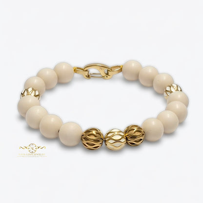 Zeno Men’s Gold Plated Bracelet, 10mm Round Red Chalcedony Gemstones with Lobster Clasp