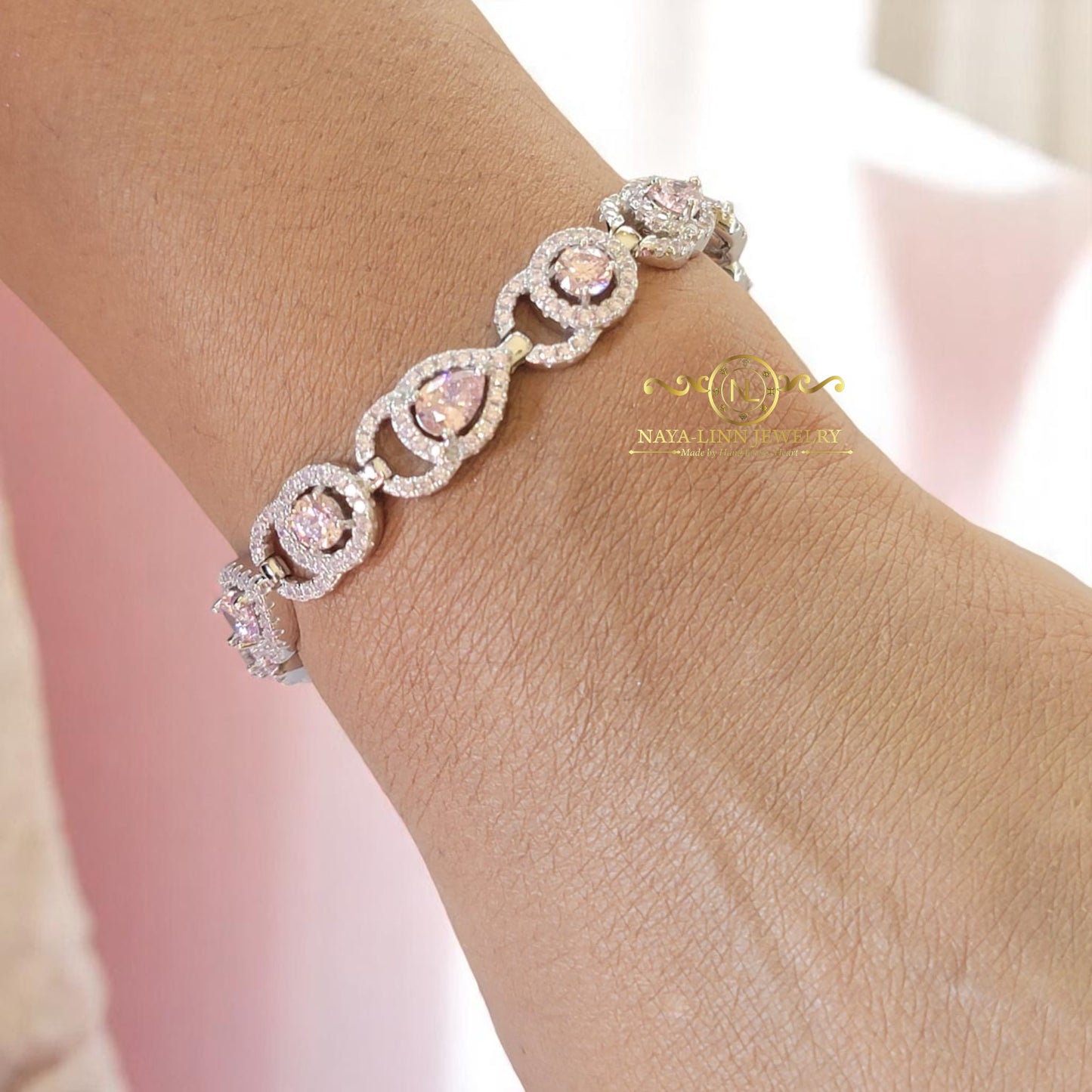 Aja Bracelet | Rhodium Over 925 Sterling Silver | Cubic Zirconia | Pear Cut 5x7MM | Round Cut 5MM Round