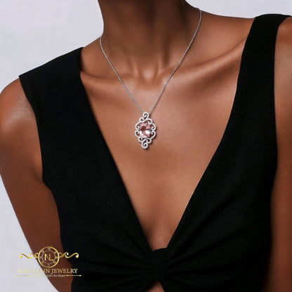 Reese Necklace | Rhodium Over 925 Sterling Silver | 18 Inch Necklace | Morganite Color | Cubic Zirconia | Sterling Silver Necklace | Pendant