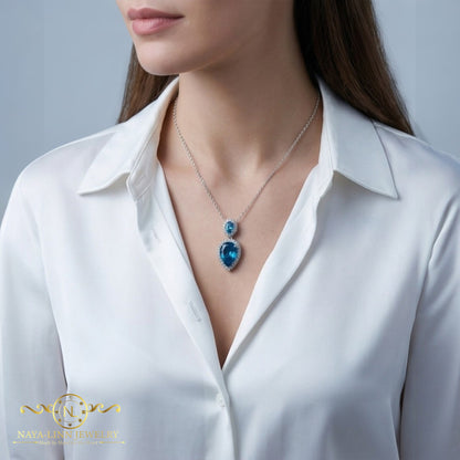 Jade Necklace | Rhodium Over Sterling Silver | Cubic Zirconia | Large Stone Necklace | 18 inches | Pear Shape | Oval Shape