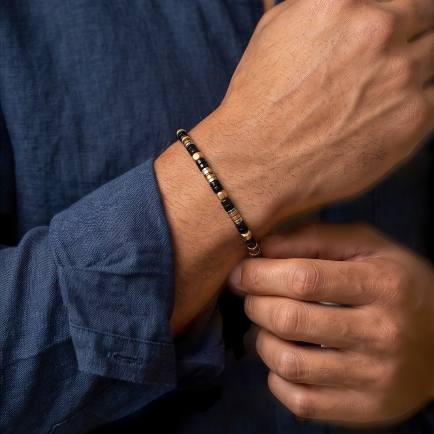 Leonidas Tiger's Eye and Black Agate Minimalist Bracelet-3x2MM Natural Gemstones with Lobster Clasp