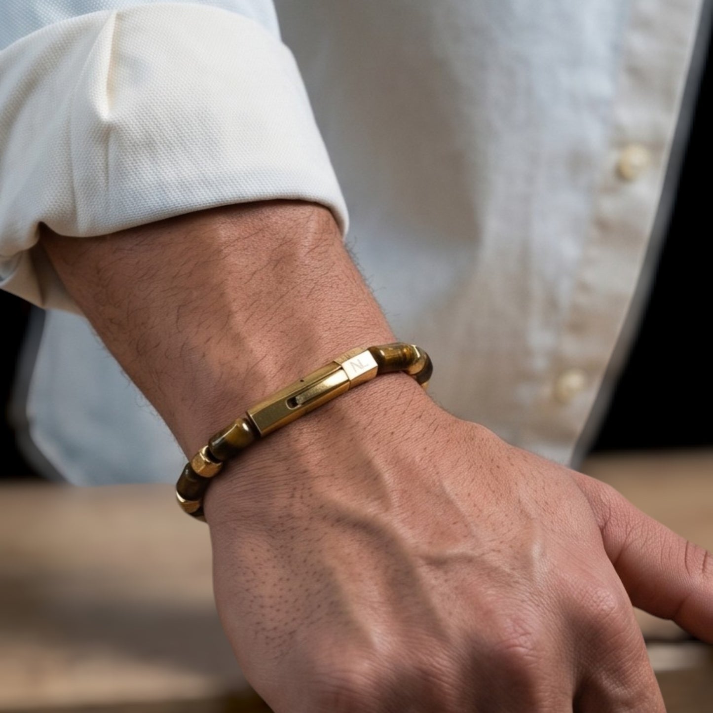 Theseus Men’s Bracelet – Blue Howlite Gemstones/18k Gold-Plated with Curved Bayonet Clasp