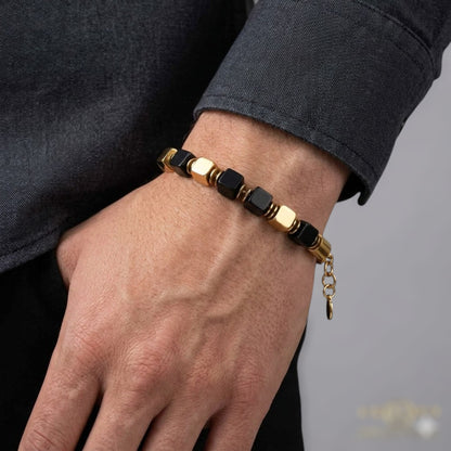 Caesar Men’s Bracelet – 8mm Square Tiger’s Eye or Black Agate Beads with 18k Gold Plated or Stainless Steel Accents