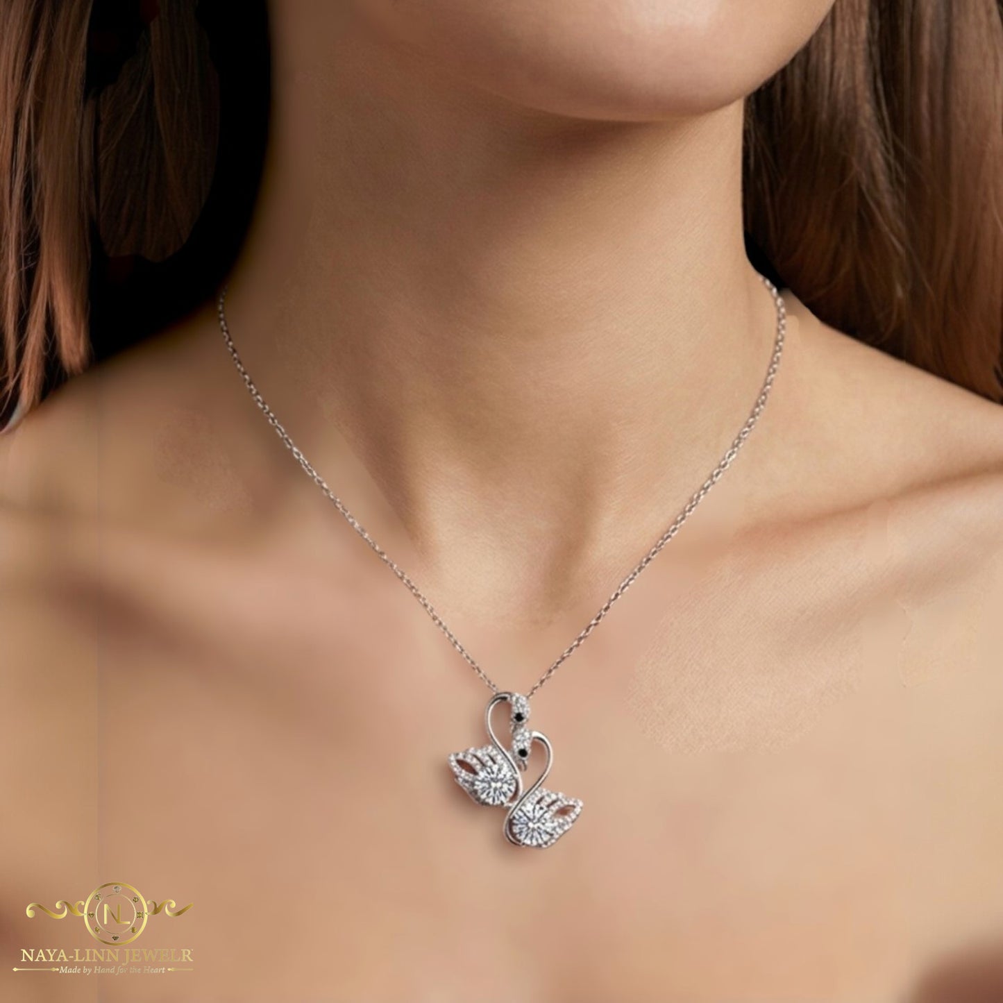 Piper Double Swan Moissanite Necklace | 14K White Gold Plated Over 925 Sterling Silver | Swan necklace | Elegant Necklace | Unique Gift For Her