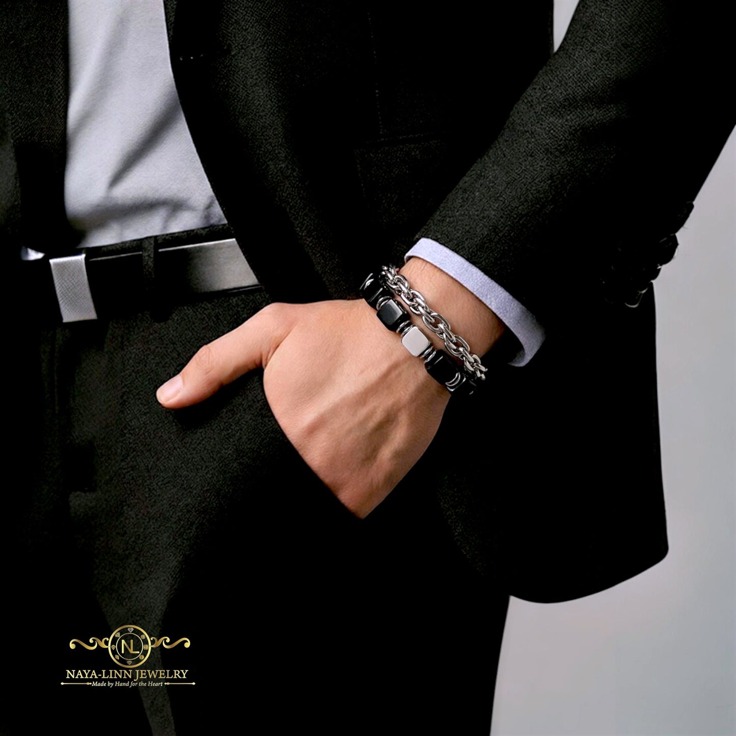 Emmy Men’s Double Decker Bracelet I 8mm Square Natural Gemstones | Link Chain