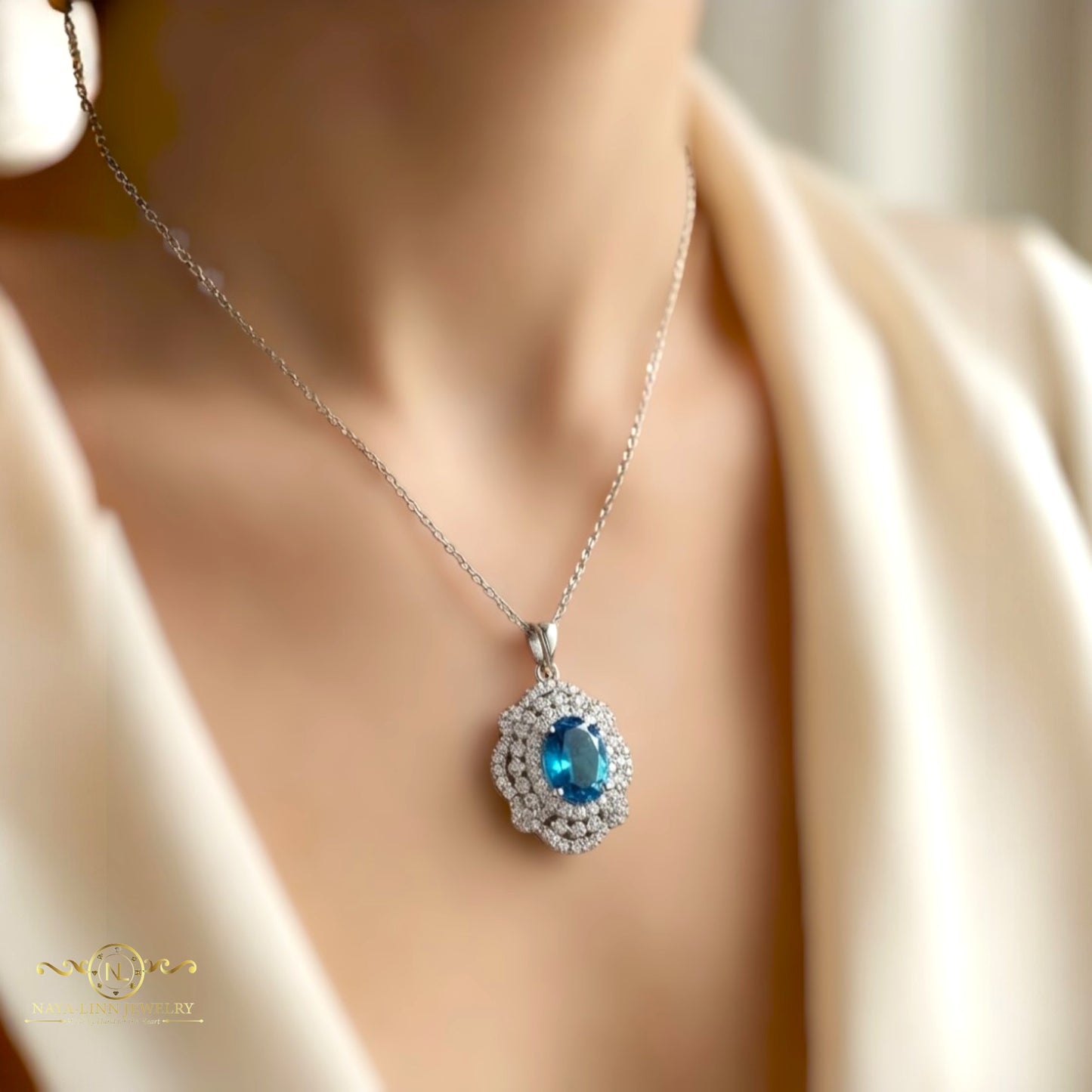 Parker Necklace | Statement Necklace | 925 Sterling Silver | Oval-Cut Gemstone Necklace | Rhodium Over Sterling Silver By Naya-Linn Jewelry