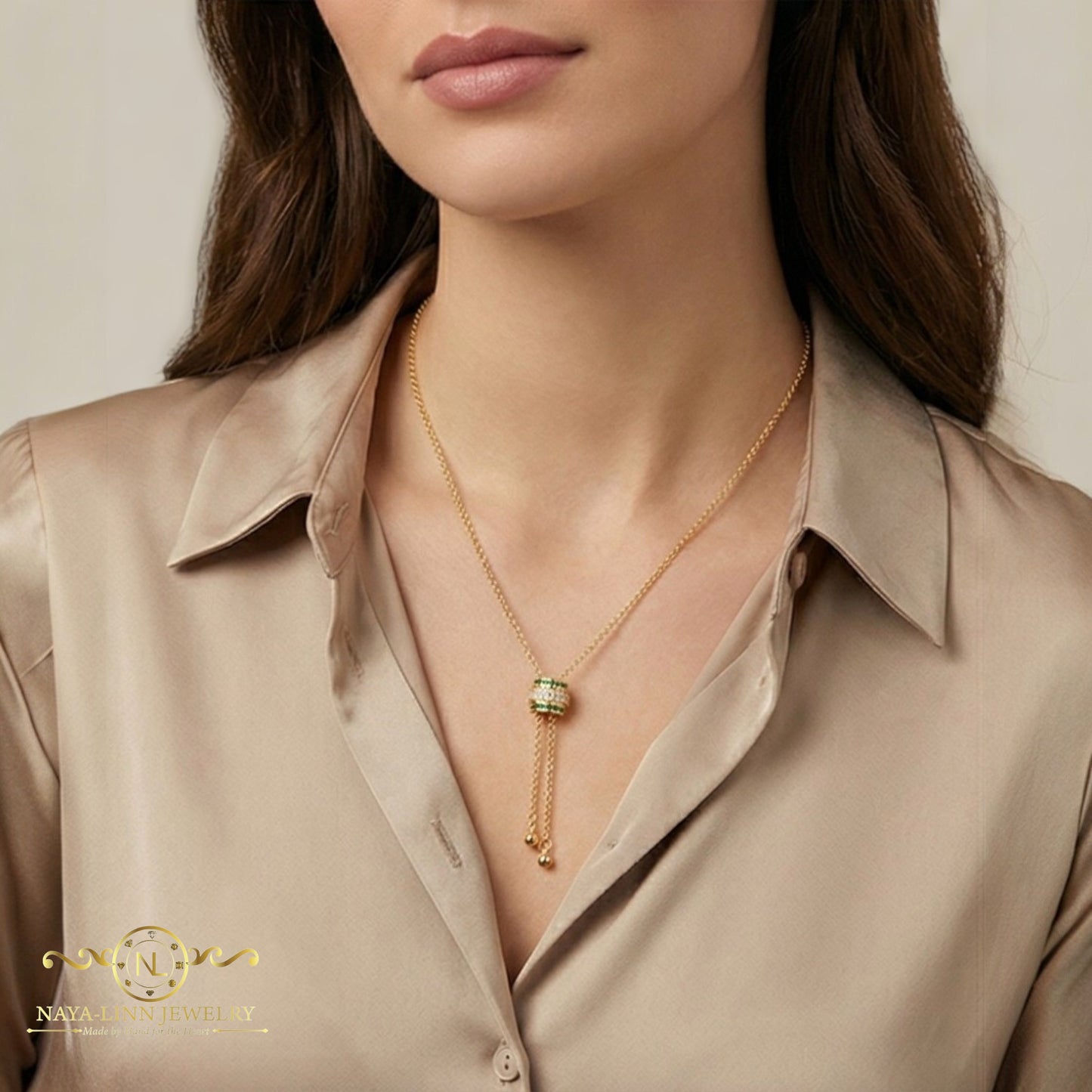 Natalie Adjustable Y-Shaped | Necklace | Small Round Diamond Simulants | 18K Gold Plating Over Sterling Silver By Naya-Linn Jewelry