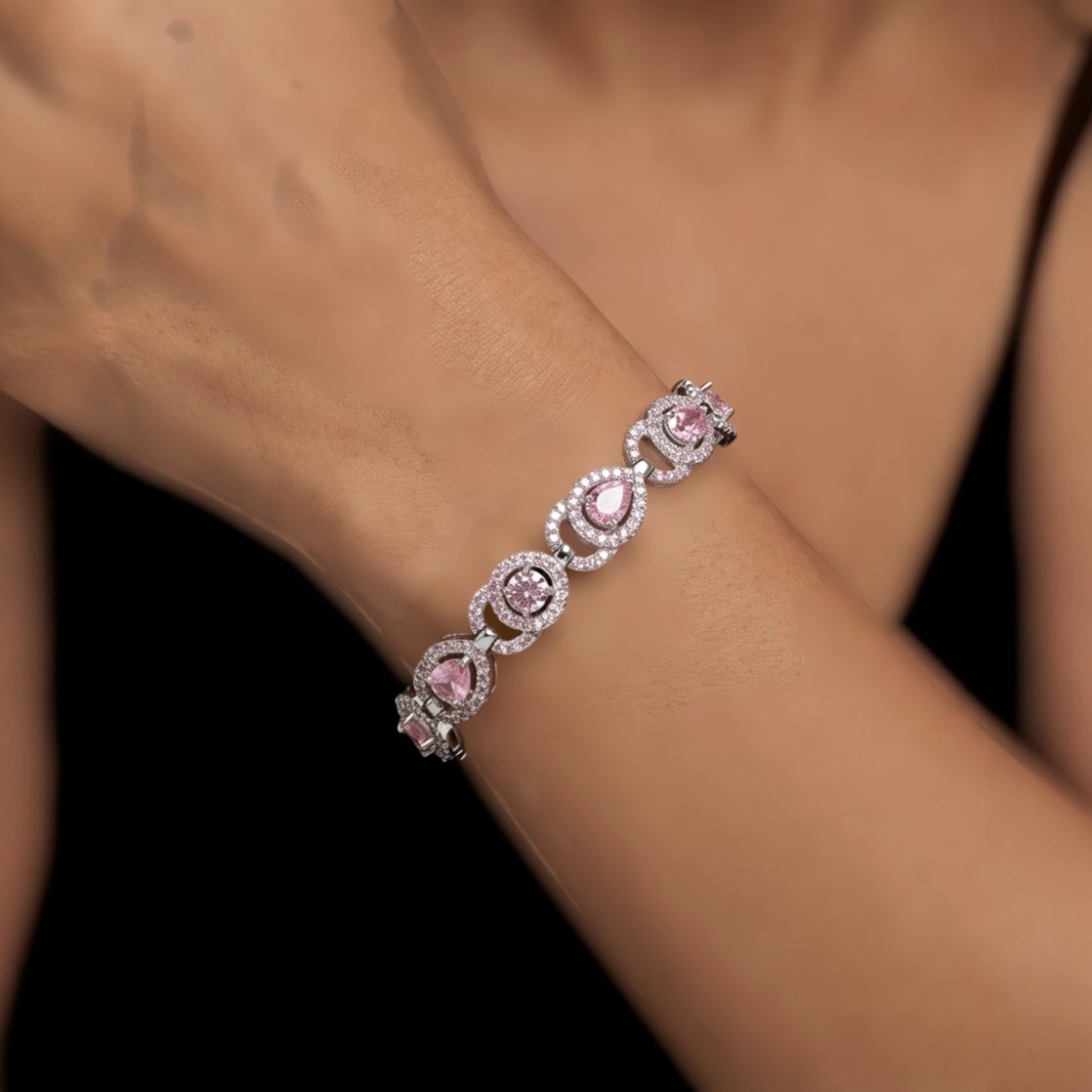 Aja Bracelet | Rhodium Over 925 Sterling Silver | Cubic Zirconia | Pear Cut 5x7MM | Round Cut 5MM Round