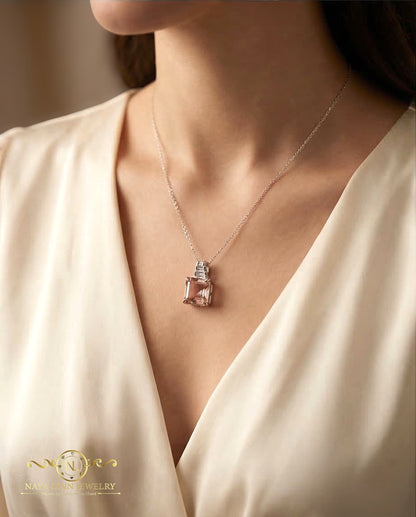 Noelle Necklace | Rhodium Over 925 Sterling Silver | Morganite Color Necklace | Cubic Zirconia | 18 Inch Necklace
