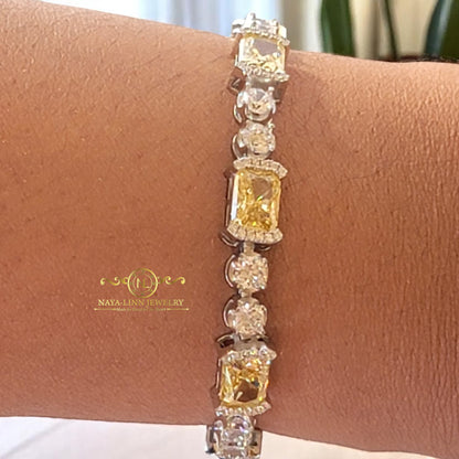 Elaine Bracelet |Yellow Lab Topaz, Pink Lab Sappire | 18K White Gold Plated Over Sterling Silver | 8x6/4MM Cuts | Gift For Her | Birthday
