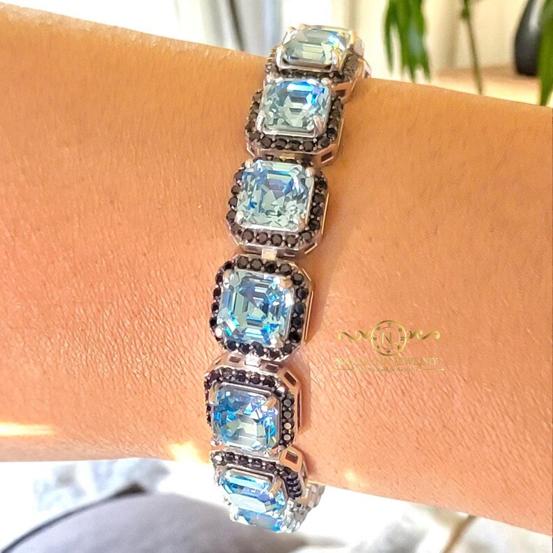 Halle Bracelet | Cushion Cut Diamond Simulants CZ | Statement Bangle | Rhodium Over 925 Sterling Silver By Naya-Linn Jewelry