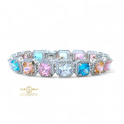 Halle Bracelet | Cushion Cut Diamond Simulants CZ | Statement Bangle | Rhodium Over 925 Sterling Silver By Naya-Linn Jewelry