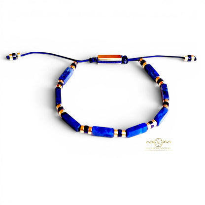 Naya-Linn Jewelry Xanthus men's bracelet with rectangular lapis lazuli beads and 18K gold-plated stainless steel.