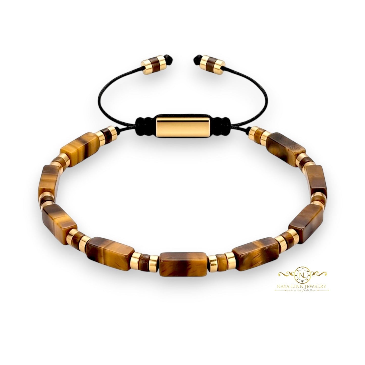 Naya-Linn Jewelry men's bracelet with rectangular tiger eye beads, 18K gold-plated accents, and adjustable rope.