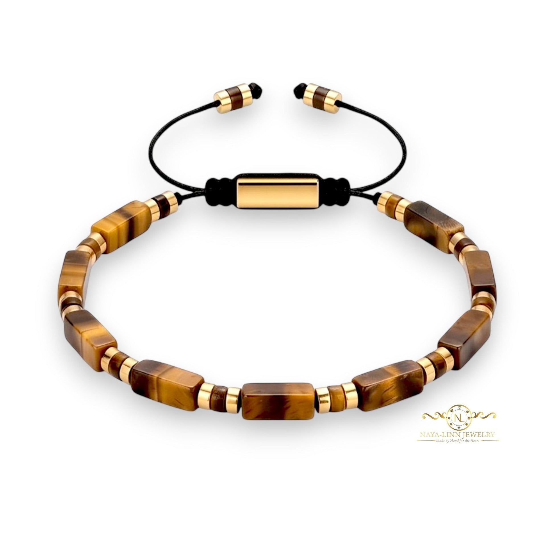 Naya-Linn Jewelry men's bracelet with rectangular tiger eye beads, 18K gold-plated accents, and adjustable rope.