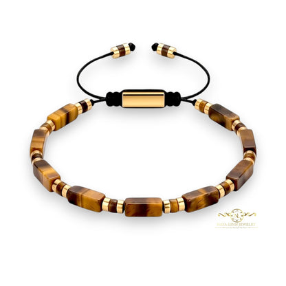Naya-Linn Jewelry men's bracelet with rectangular tiger eye beads, 18K gold-plated accents, and adjustable rope.