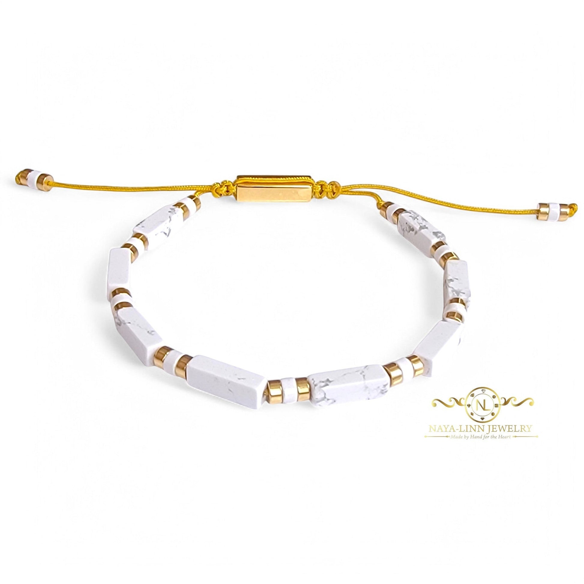Naya-Linn Jewelry minimalist men's bracelet with white rectangular beads, gold-plated accents, and adjustable rope.