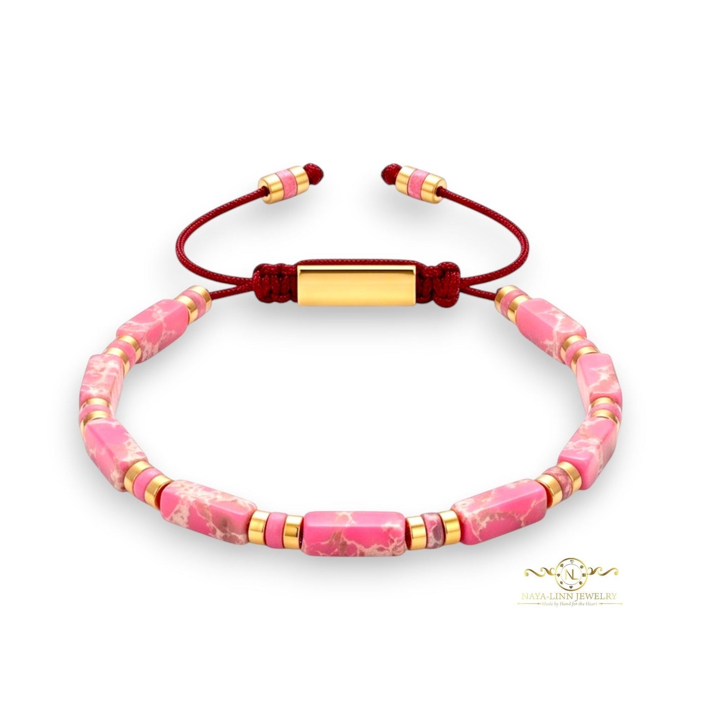 Naya-Linn Jewelry pink rectangular stone bead bracelet with 18K gold-plated accents and adjustable red rope cord.