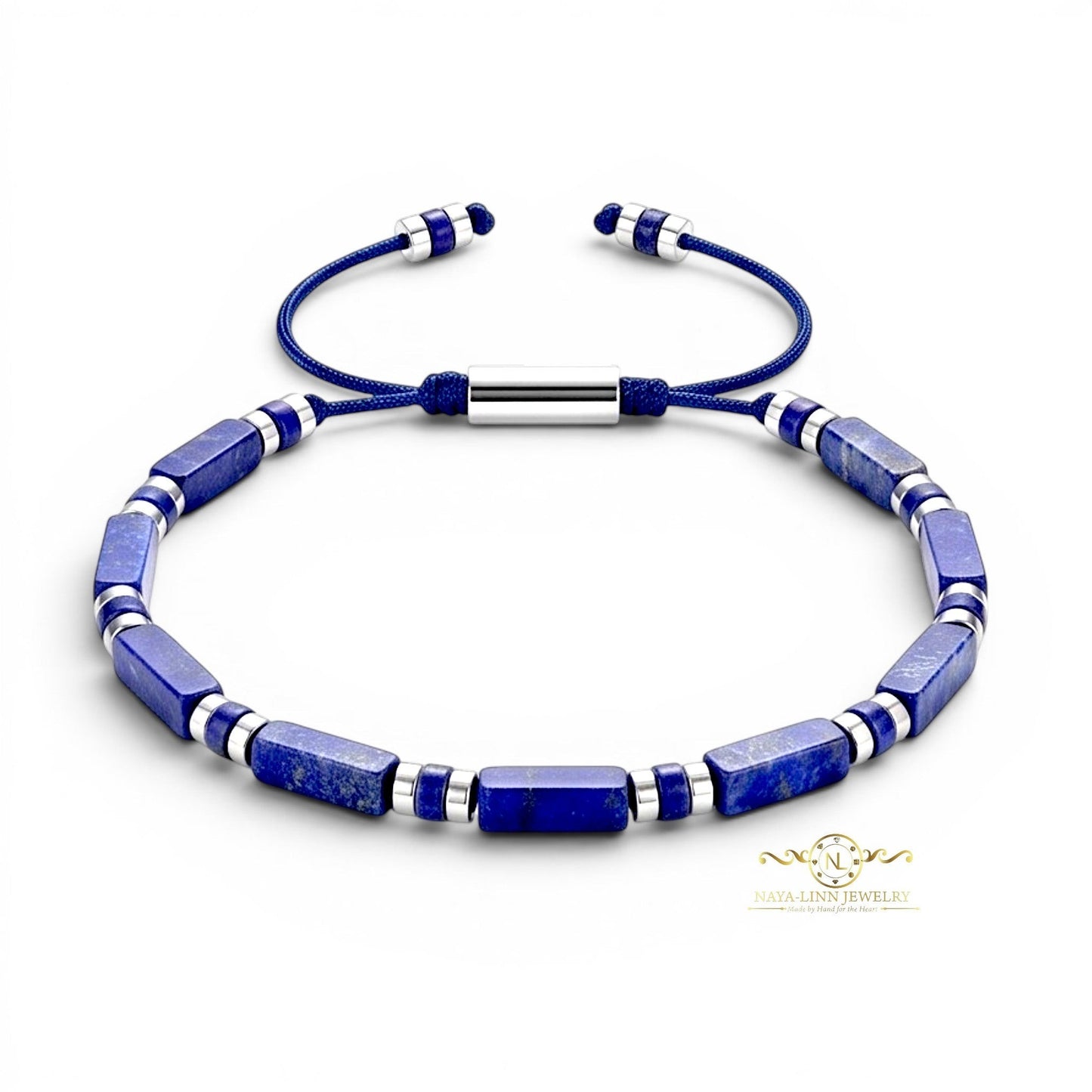 Naya-Linn Jewelry Xanthus men's bracelet with blue lapis lazuli rectangular beads and adjustable cord.