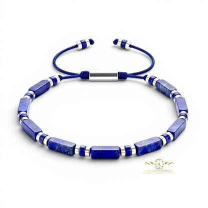 Naya-Linn Jewelry Xanthus men's bracelet with blue lapis lazuli rectangular beads and adjustable cord.