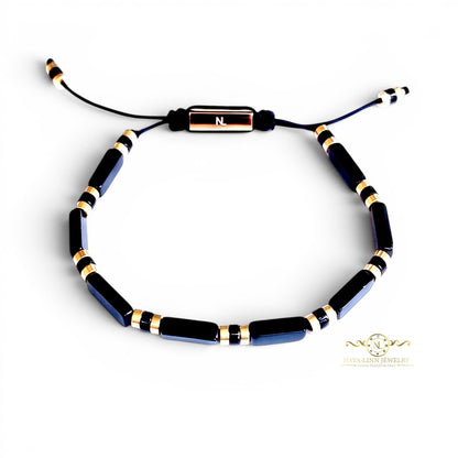 Naya-Linn Jewelry Xanthus men's bracelet with rectangular Lapis Lazuli beads and 18K gold-plated stainless steel.