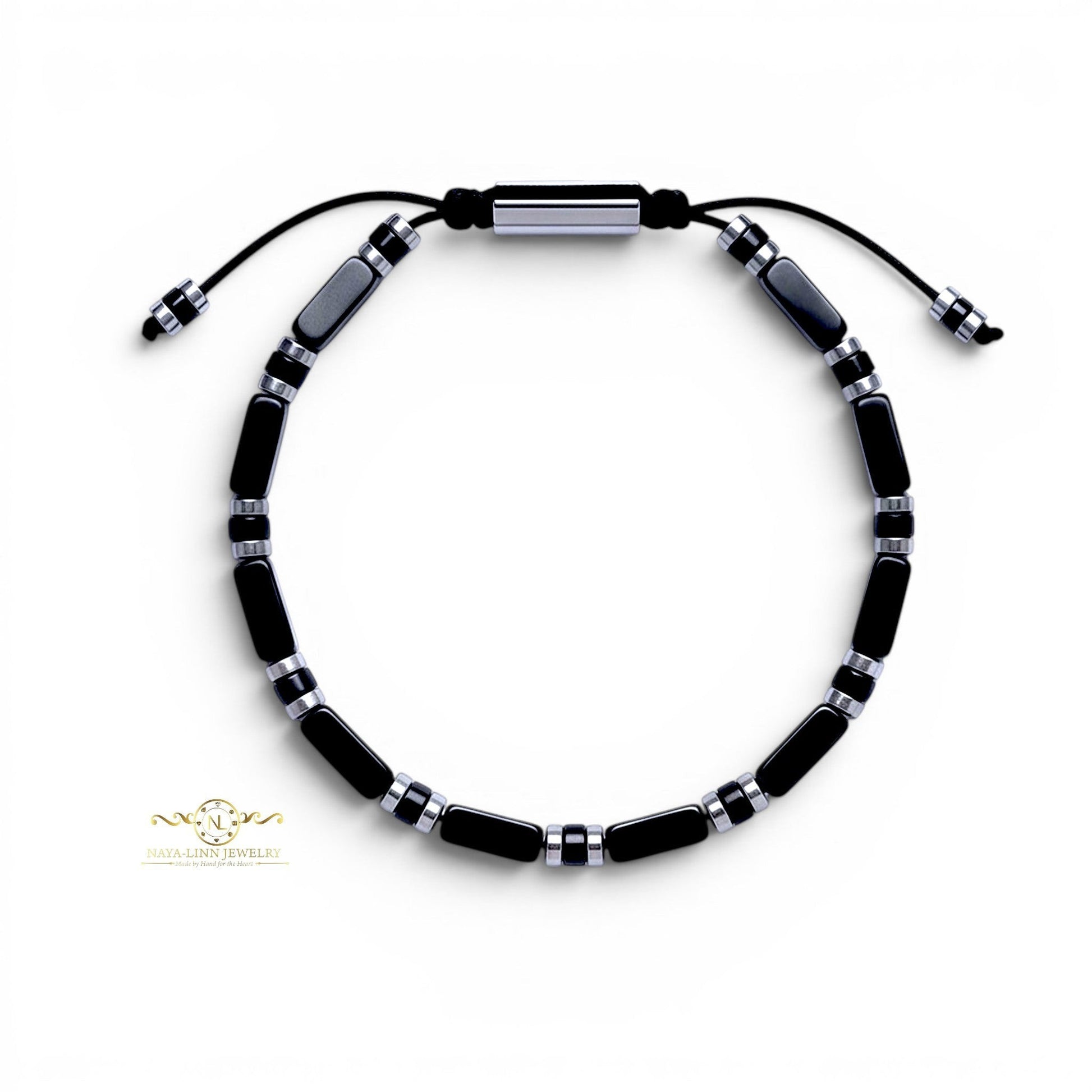 Naya-Linn Jewelry Xanthus men's bracelet with rectangular black beads, silver-tone accents, and adjustable rope cord.