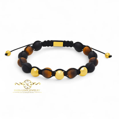 Nico Unisex Bracelet | 18K Gold Plated Stainless Steel | 10MM Yellow Tiger's Eye & Black Agate Beads | Adjustable Macrame Cord