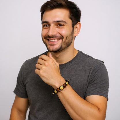 Nico Unisex Bracelet | 18K Gold Plated Stainless Steel | 10MM Yellow Tiger's Eye & Black Agate Beads | Adjustable Macrame Cord