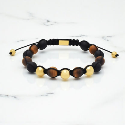 Nico Unisex Bracelet | 18K Gold Plated Stainless Steel | 10MM Yellow Tiger's Eye & Black Agate Beads | Adjustable Macrame Cord