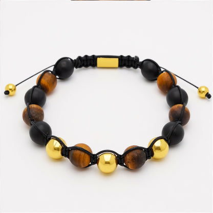 Nico Unisex Bracelet | 18K Gold Plated Stainless Steel | 10MM Yellow Tiger's Eye & Black Agate Beads | Adjustable Macrame Cord
