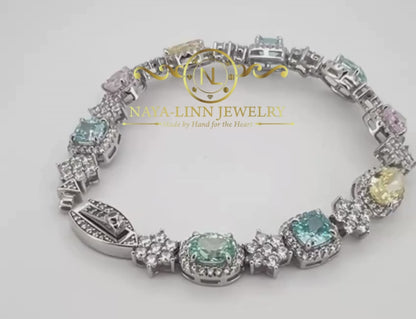 Luna Bracelet | CZ Mixed Cuts Bangle | Multi-Colored Bracelet |14K White Gold Plating | 925 Sterling Silver | Diamond Simulants