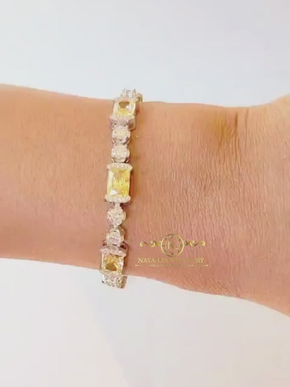Elaine Bracelet |Yellow Lab Topaz, Pink Lab Sappire | 18K White Gold Plated Over Sterling Silver | 8x6/4MM Cuts | Gift For Her | Birthday