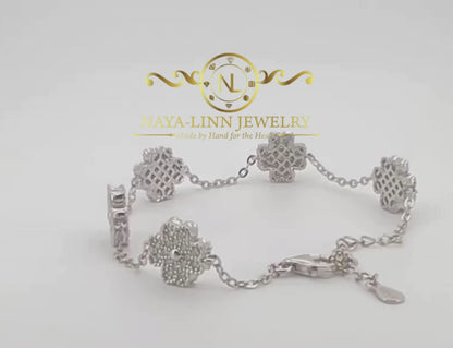 Alice Bracelet | Four Leaf Clover Bangle | Moissanite Diamond Chain Bracelet | 14K White Gold Plating | 925 Sterling Silver | Wedding Gift