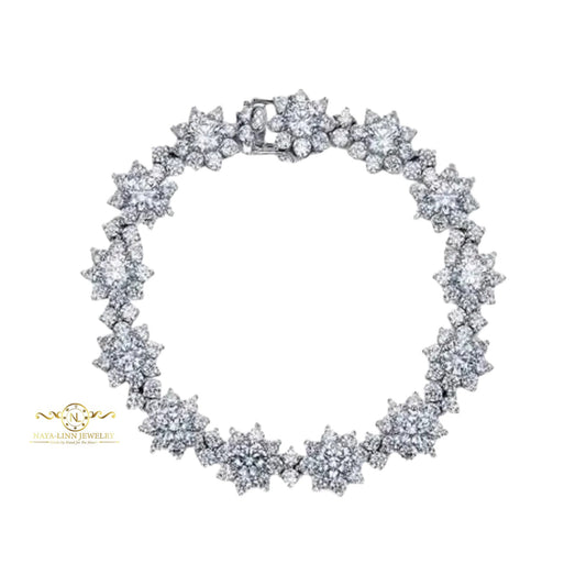Sunflower Bracelet | Round Center Stone Diamond Simulant | 14K White Gold Plating Bangle | 925 Sterling Silver | Crushed Ice CZ