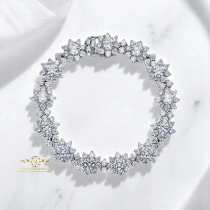 Sunflower Bracelet | Round Center Stone Diamond Simulant | 14K White Gold Plating Bangle | 925 Sterling Silver | Crushed Ice CZ