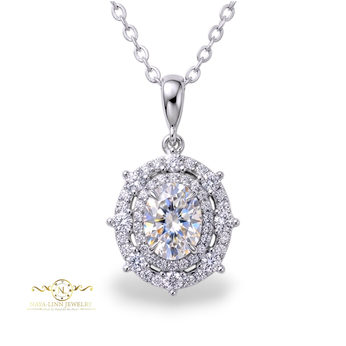 Victoria Necklace | Rhodium Plated Over 925 Sterling Silver | 10x8MM Oval Cut Cubic Zirconia | Vintage Jewelry | 18 Inches