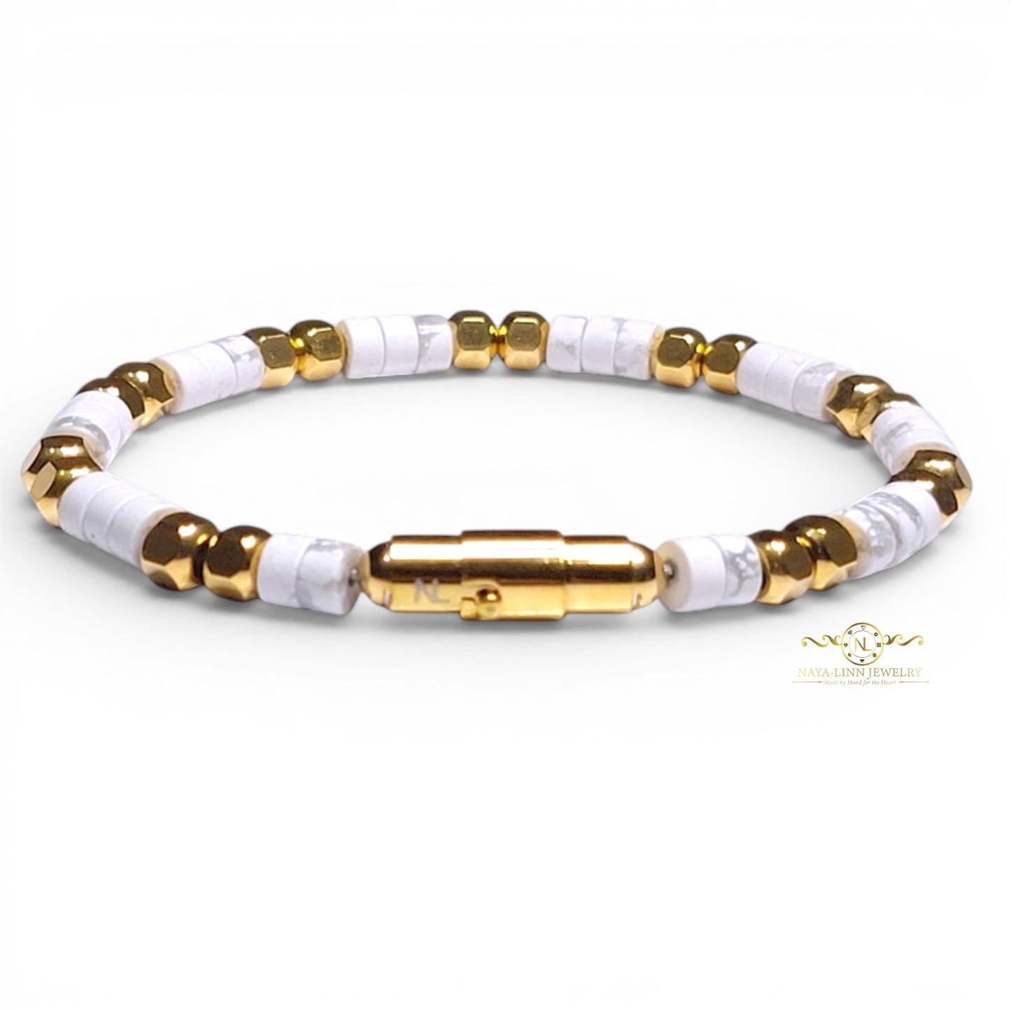 Ariston Men's White Howlite Bracelet, Gold Plated with Magnetic Bayonet Clasp