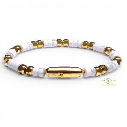 Ariston Men's White Howlite Bracelet, Gold Plated with Magnetic Bayonet Clasp