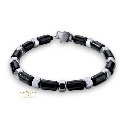 Hector 6x10MM Blue Sandstone Men's Bracelet, 18K Gold Plating with Lobster Clasp