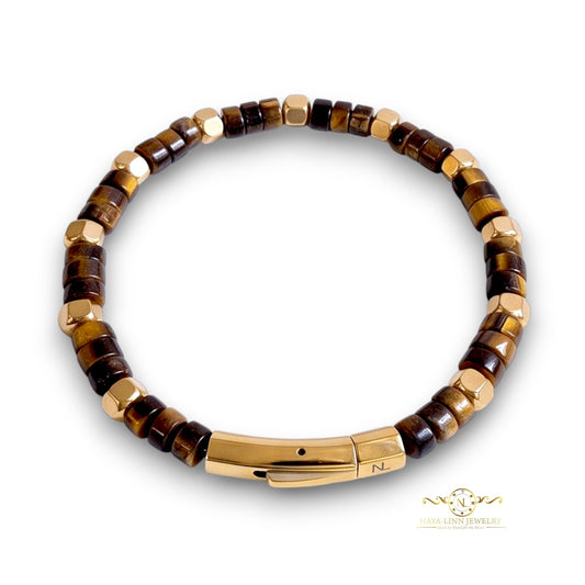 Achilles Men’s Tiger's Eye Bracelet - 18K Gold Plating with Curved Bayonet Clasp