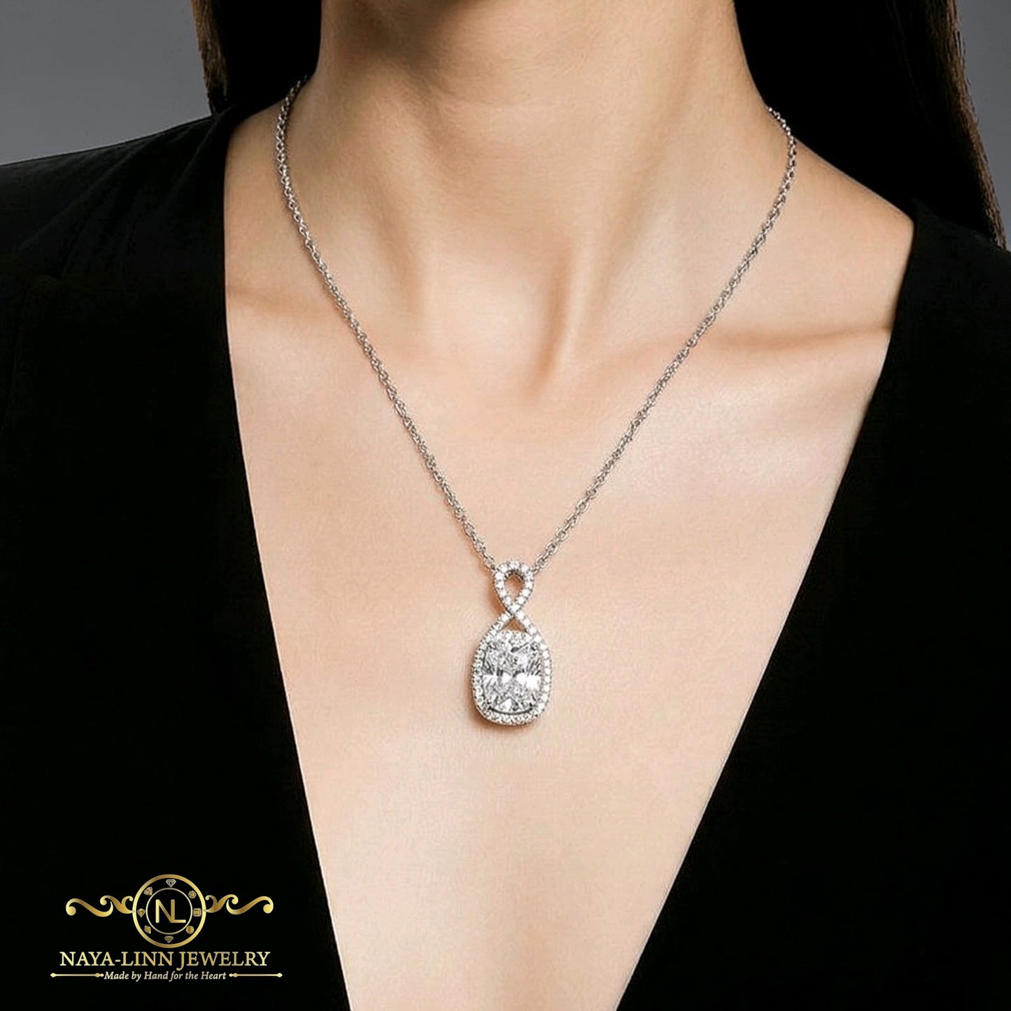 Georgia Infinity Necklace | Radiant Cut Diamond Simulant | Rhodium Over 925 Sterling Silver By Naya-Linn Jewelry