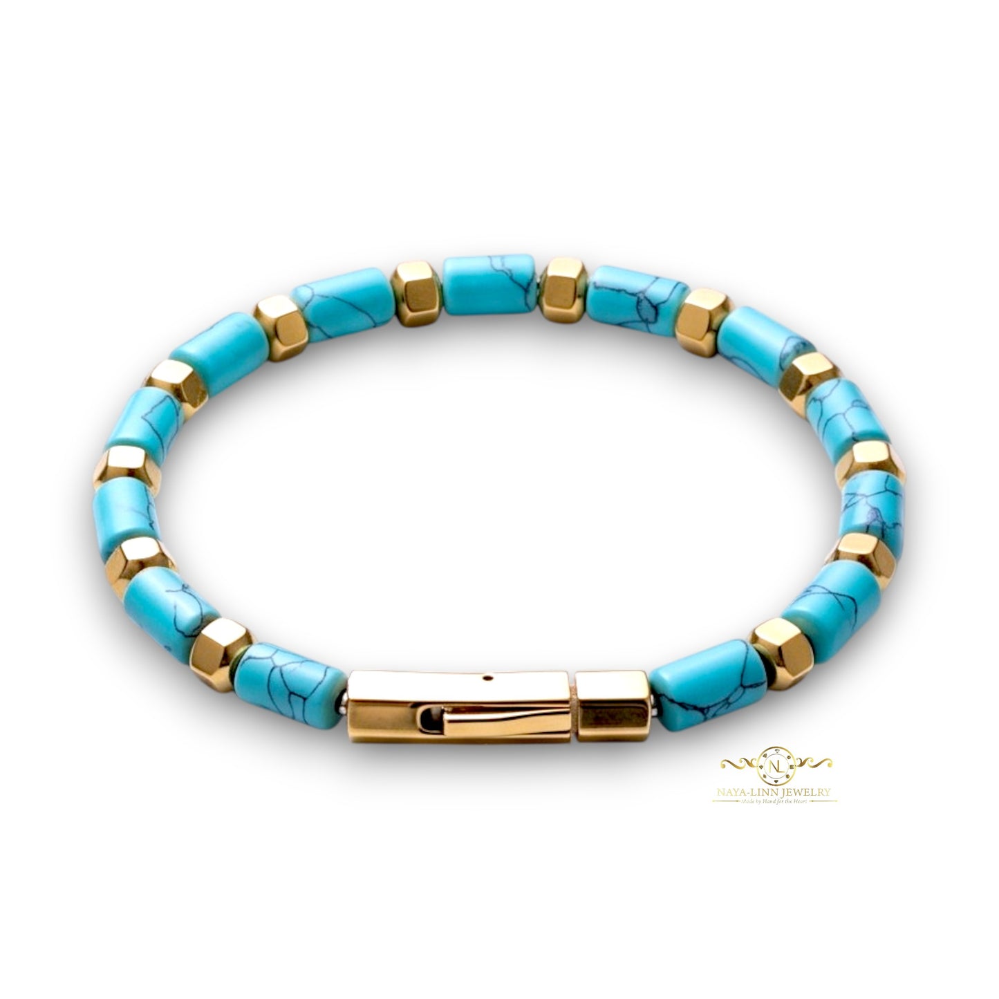 Theseus Men’s 6x10MM Blue Sandstone Bracelet with Gold Plated Curved Bayonet Clasp