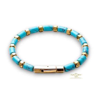 Theseus Men’s 6x10MM Blue Sandstone Bracelet with Gold Plated Curved Bayonet Clasp