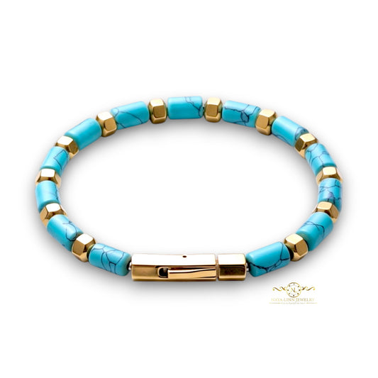 Theseus Men’s Bracelet – Blue Howlite Gemstones/18k Gold-Plated with Curved Bayonet Clasp